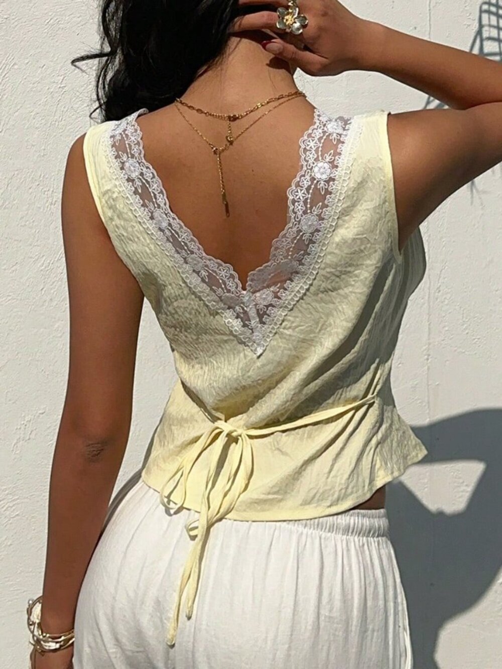Yellow Casual Women's Lace Patchwork Sexy Versatile Date Night Blouse - Picture 2 of 7